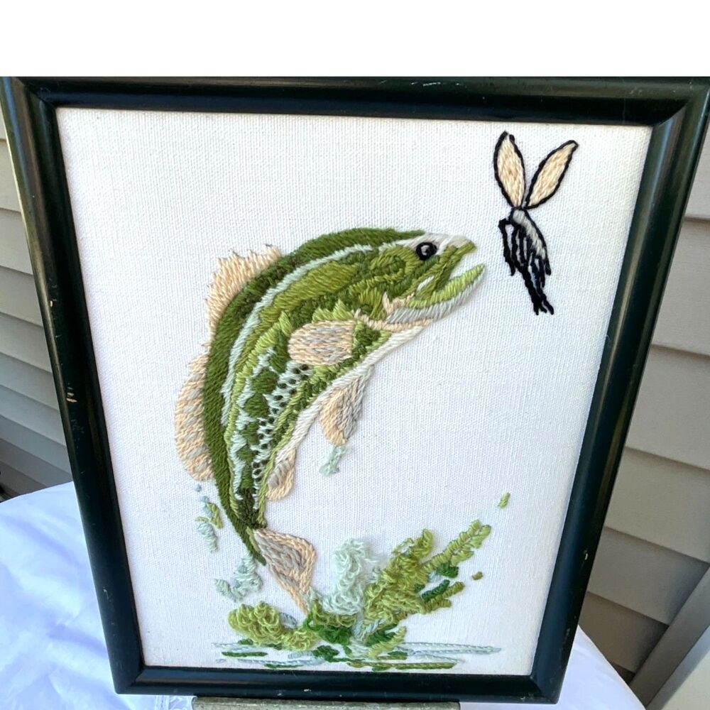 Vintage Framed Crewel Embroidery Largemouth Bass Fish Fishing Fly Wall Art